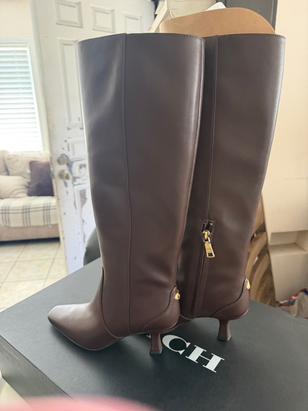 Coach Dark Brown Leather Knee-High Heeled Boots